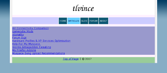A screenshot of tlvince.com circa Jan 2007