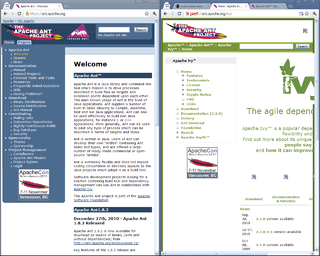 Side-by-side view of the Apache Ant and Apache Ivy websites