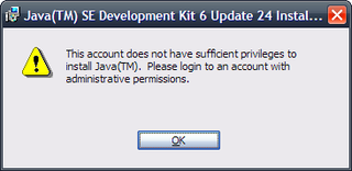 Insufficient privileges error message from the Java installer