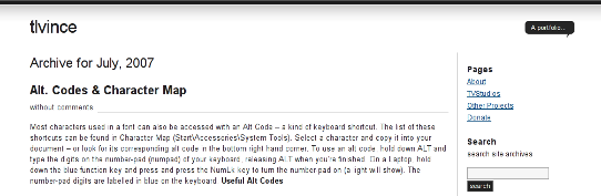 A screenshot of tlvince.com circa July 2007